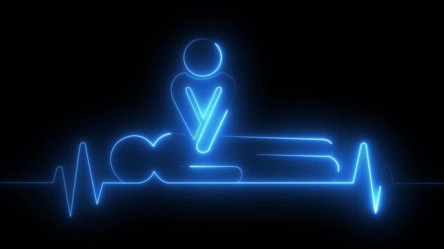 neon heartbeat icon animation. CPR chest compressions showing medical resuscitation technique for training, safety, and emergency education. CPR chest compressions animation 4k video