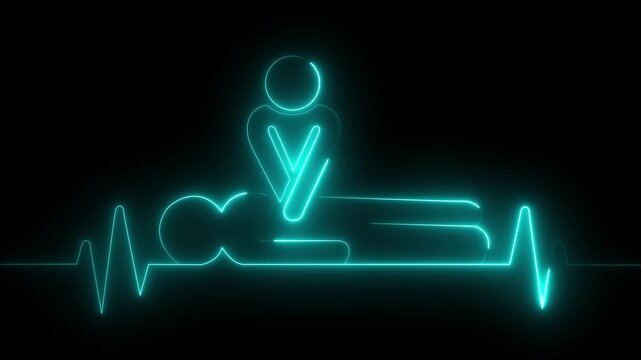 neon heartbeat icon animation. CPR chest compressions showing medical resuscitation technique for training, safety, and emergency education. CPR chest compressions animation 4k video