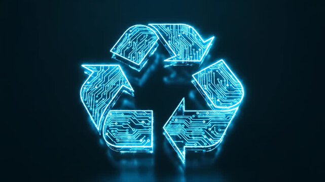 Blue glowing circuit board pattern forming a recycle symbol.