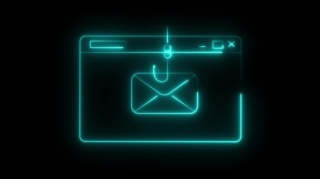 Neon Email Phishing Scam Icon Isolated Fishing hook stealing envelope from browser window. Concept of email phishing and email scams representing online on Black Background animation 4k video