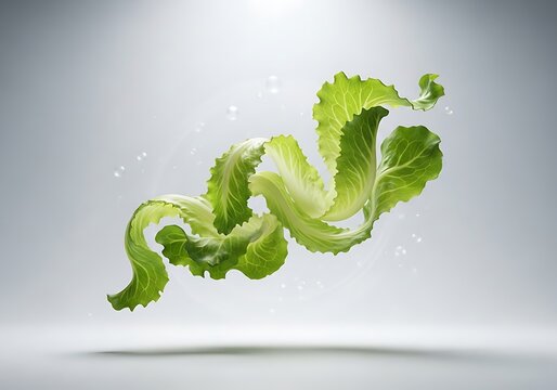 Fresh green lettuce leaves floating in a dynamic spiral motion representing the artistic preparation of a chiffonade cut on a clean gray background.