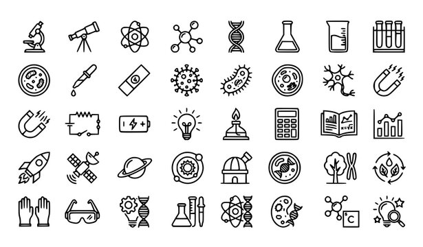 Science and Research Icon Set with Microscope DNA Atom Laboratory Chemistry Biology Physics Astronomy Space Genetics Ecology and Experiment Line Vector Icons