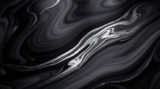 Elegant Black and Silver Liquid Marble Abstract Background Texture.