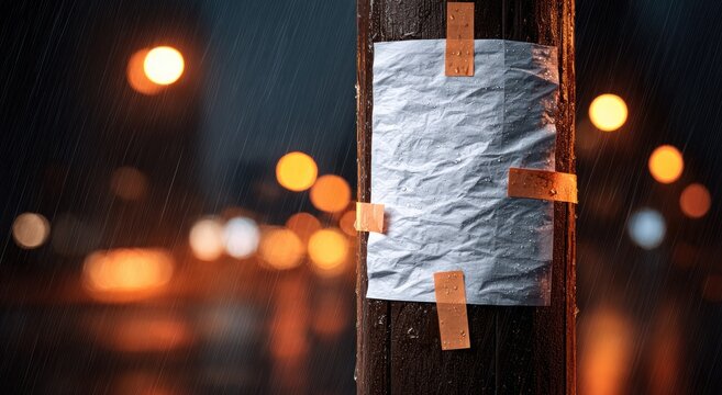 A blank notice hangs on a wooden pole in the rain