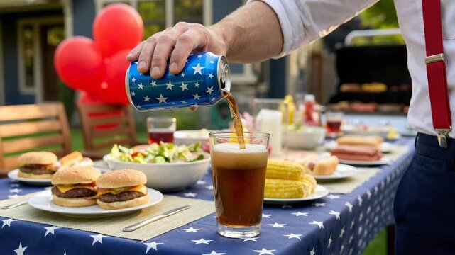 Man Pouring Soda at Fourth of July Feast &mdash; Patriotic BBQ Table with Burgers, Corn and Red Balloons