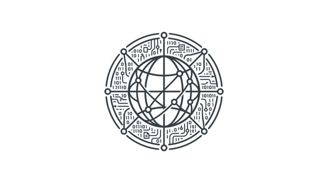 A detailed circular emblem featuring a stylized globe integrated with digital circuit board patterns and binary code.