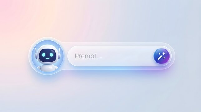 Cute 3D Robot Assistant with AI Prompt Search Bar and Magic Wand Icon