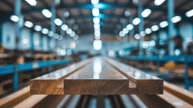 A long polished wooden beam rests on a production line inside a large industrial factory warehouse with bright overhead lights