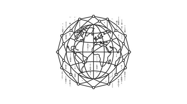 A digital globe illustration featuring a network of interconnected nodes and lines.