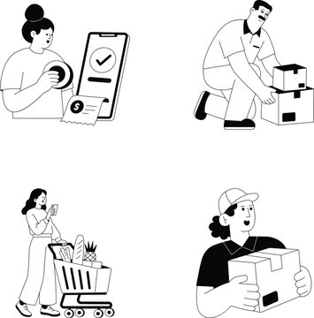 Final ecommerce set featuring digital transactions, package handling operations, grocery purchasing, logistics, parcel transportation, and delivery services. 
