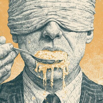 Blindfolded man spoon-feeding information, censorship concept