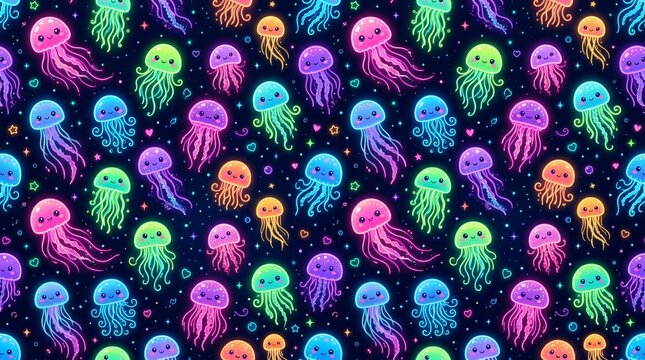 Kawaii pattern of colorful neon pixel jellyfish with jellyfish underwater seamless wallpaper colorful background