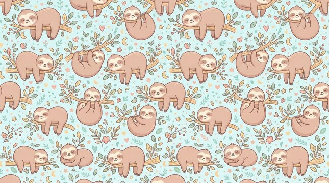 Kawaii pattern with cute sloths hanging on branches tropical seamless wildlife background wallpaper illustration