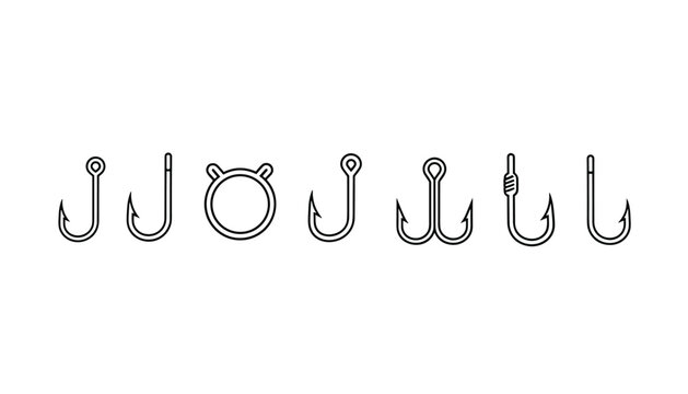 Line art vector set containing various types of fishing hooks and tackle, isolated on a white background.