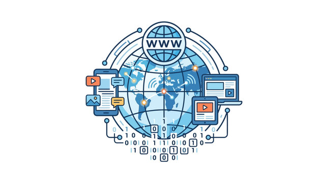 A stylized digital illustration of a global network connecting various electronic devices and data streams.