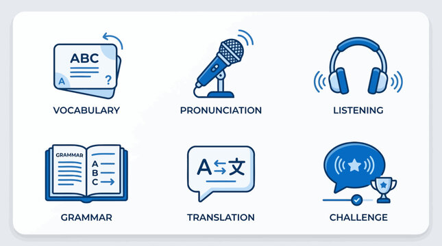 Language learning educational line icon set for vocabulary grammar and pronunciation study.
