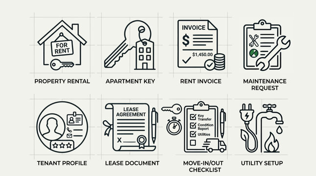 Property rental apartment key rent invoice maintenance request tenant profile.