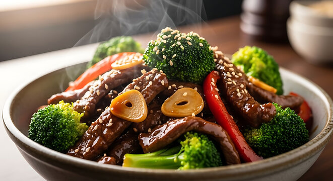 Beef stir fry with steamed broccoli and red peppers is served in a bowl for a healthy dinner dish.