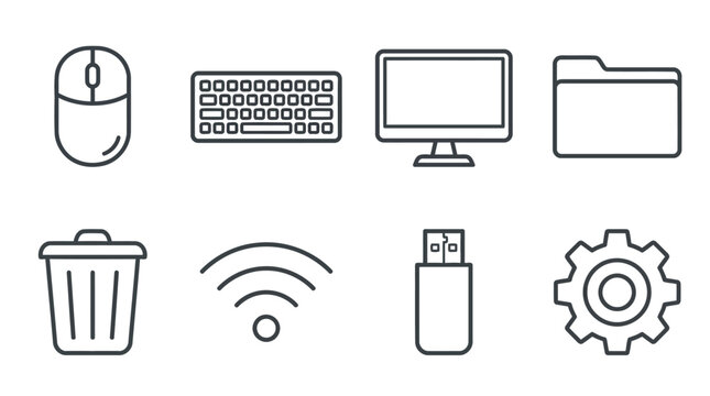 Computer mouse keyboard monitor file folder trash can wifi USB flash drive.