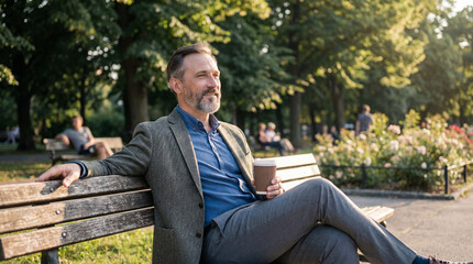 Obraz premium Professional businessman outdoor park relaxation mental health wellness mindfulness nature peaceful calm happy employee corporate wellbeing self-care balance serene workplace break