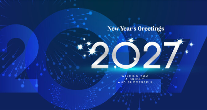 New Year 2027 Greeting Card Design Featuring Sparkling Blue Background and Bright White Numbers