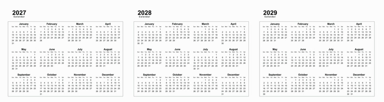 Three Yearly Calendar Pages Showing Months January Through December For 2027 2028 And 2029 With Dates