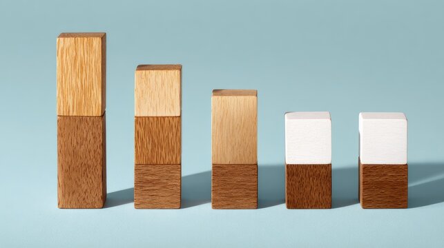 Wooden blocks form a decreasing bar graph against a pale blue background