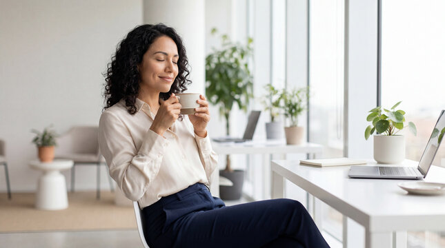 Corporate employee woman enjoying mindful coffee break at bright office desk for workplace mental health wellness and stress relief practice