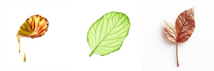 Obraz premium Three leaves shown. Colors varyyellow, green, brown. Minimalist composition, white background, simple presentation. Delicate textures visible.