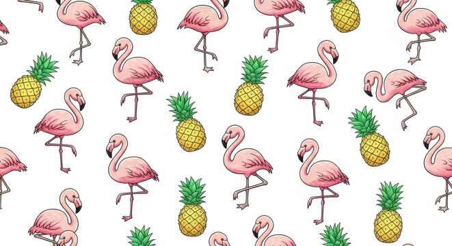 Kawaii pattern pink flamingos and pineapples with flamingo pineapple seamless tropical background repeating