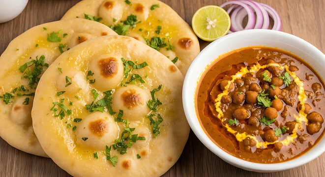 Naan bread and chana masala curry are served together on a wooden table for a delicious meal.