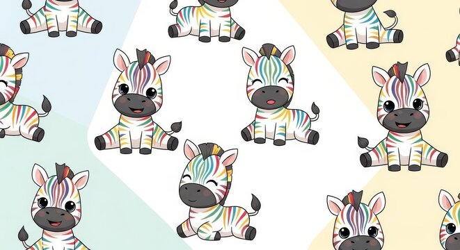 Kawaii pattern featuring adorable colorful baby zebras seamless wildlife colorful background illustration wallpaper