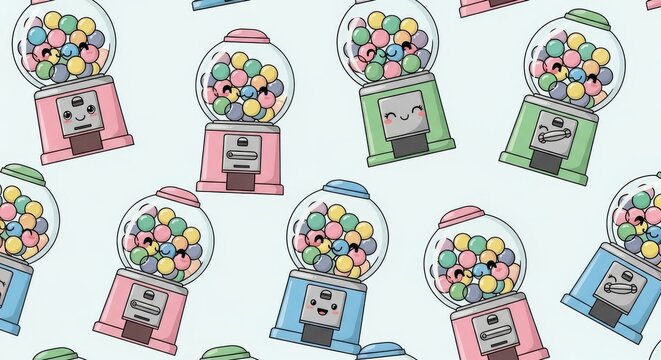 Kawaii pattern showing retro gumball machines with colorful treats seamless colorful background illustration
