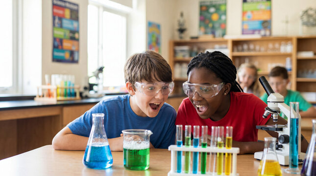 Back to school middle school students doing science experiment excited surprised in laboratory for education promotion learning discovery STEM joyful