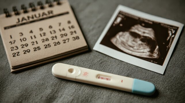 A January calendar, a pregnancy test showing a positive result, and an ultrasound image are displayed on a gray surface, symbolizing early pregnancy and planning.