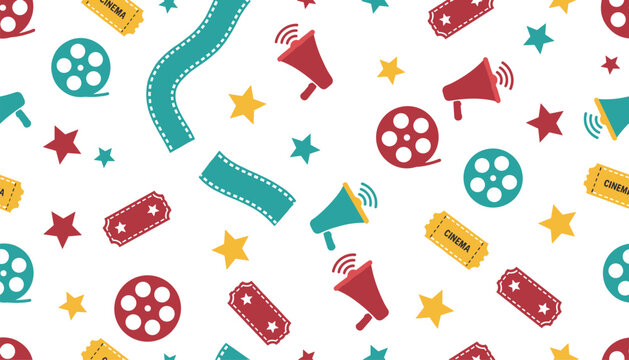 Seamless cinema pattern containing colorful film reels, movie tickets, megaphones, and stars on white background.
