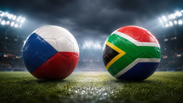 Two soccer balls featuring Czechia and South Africa facing each other for a competitive match.	
