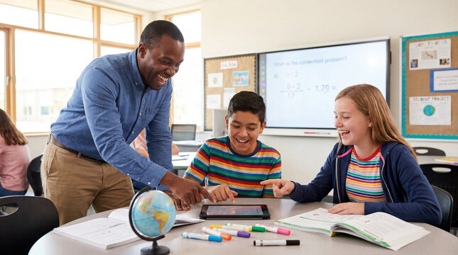 Back to school teacher guiding middle school students group learning happily in classroom for education magazine cover collaboration teamwork diversity