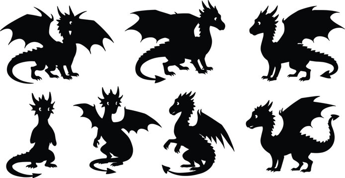 Set of cute dragon silhouettes isolated on white background, fantasy mythical creature collection with wings and tails, cartoon illustration design