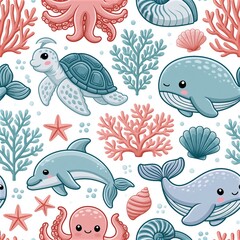 Fototapeta premium Cute Ocean Animal Seamless Pattern with Dolphins Whales and Coral