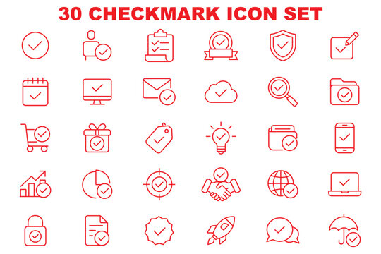 Checkmark icon set. Approval icons in line style. Editable web icons for agreement, vote, confirmation, choise, validation, completed tasks and verified status. Vector illustration.