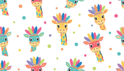 Obraz premium Adorable seamless pattern of colorful cartoon giraffe heads wearing festive feather crowns on a white background.
