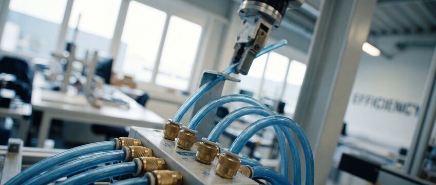 Robotic arm pneumatic tube assembly in automated smart factory, close-up of industrial automation robot gripper manipulating hoses on manifold block for high-precision manufacturing production system.
