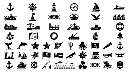  Premium Nautical Symbols Black Flat Maritime Vector Icon Pack © Rashel12