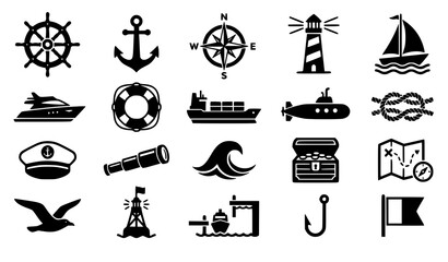 Nautical Icons Collection Black Flat Design Maritime Vector Set © Rashel12