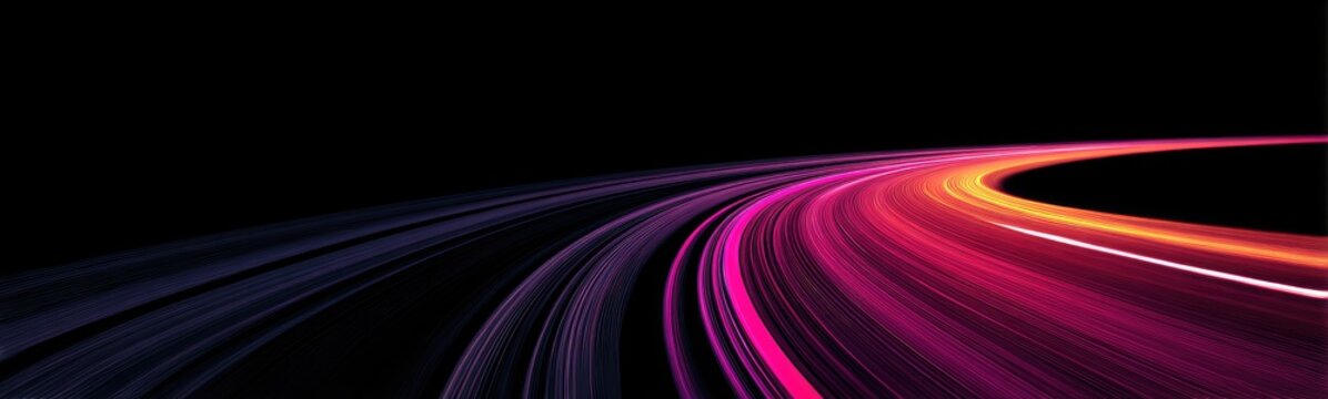 Swirling abstract streaks of purple, pink, and orange light on a black background
