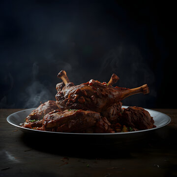 Traditional Pakistani Sajji roasted lamb 
on metal platter with smoke, dark background