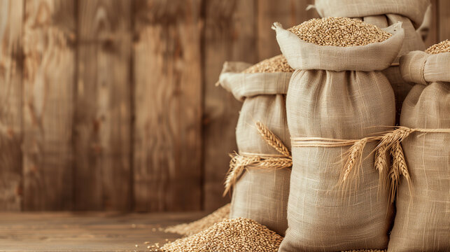 Burlap sacks filled with golden wheat grains arranged neatly on a wooden surface