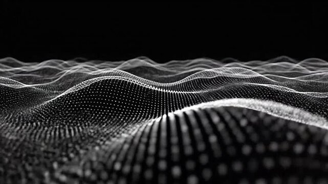 A digital landscape formed by glowing white dots on a dark background