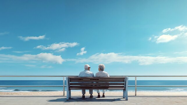 Elderly senior couple sitting together on a wooden park bench while watching, looking sea, ocean, beach, enjoying a peaceful sunny day at the seaside with a clear blue sky above them, back view